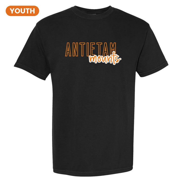 Antietam Mountaineers Outline Script youth comfort colors t-shirt in Black: outlined ANTIETAM letters with mounts script across the front