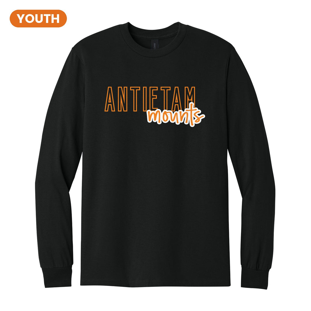 Antietam Mountaineers Outline Script youth long sleeve t-shirt in Black: outlined ANTIETAM letters with mounts script across the front