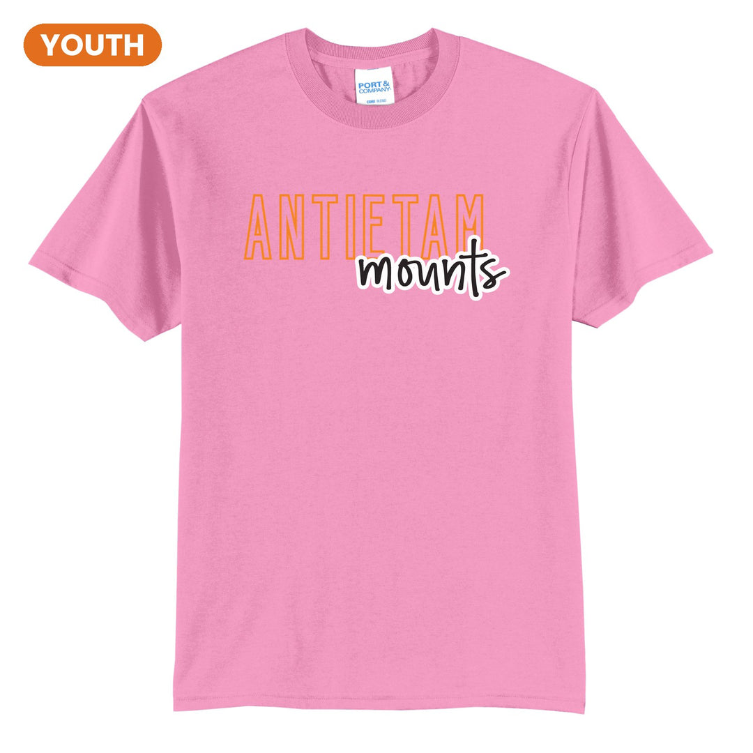 Antietam Mountaineers Outline Script youth t-shirt in Candy Pink: outlined ANTIETAM letters with mounts script across the front