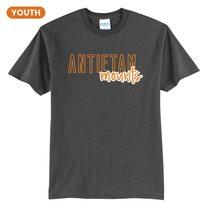 Antietam Mountaineers Outline Script youth t-shirt in Charcoal: outlined ANTIETAM letters with mounts script across the front