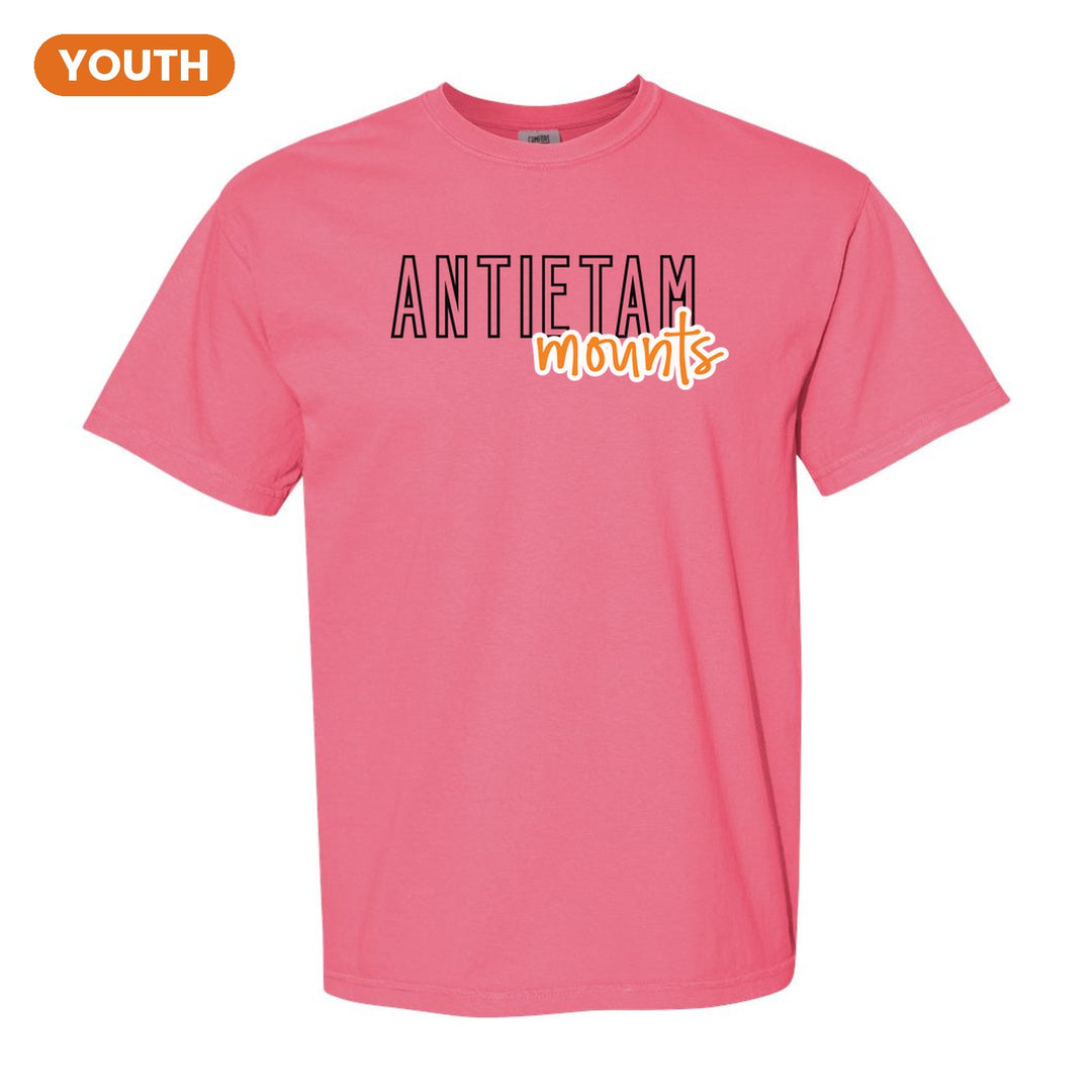 Antietam Mountaineers Outline Script youth comfort colors t-shirt in Crunchberry: outlined ANTIETAM letters with mounts script across the front