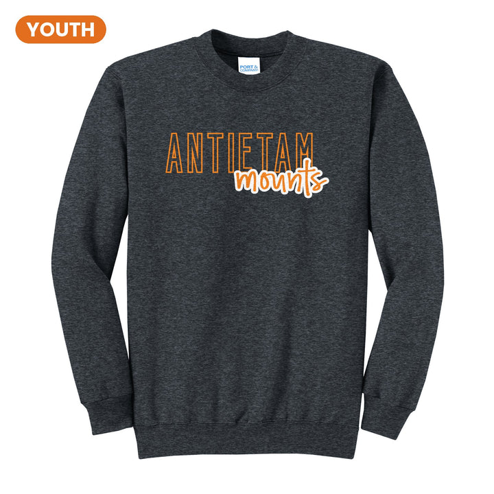 Antietam Mountaineers Outline Script youth crewneck sweatshirt in Dark Heather Grey: outlined ANTIETAM letters with mounts script across the front