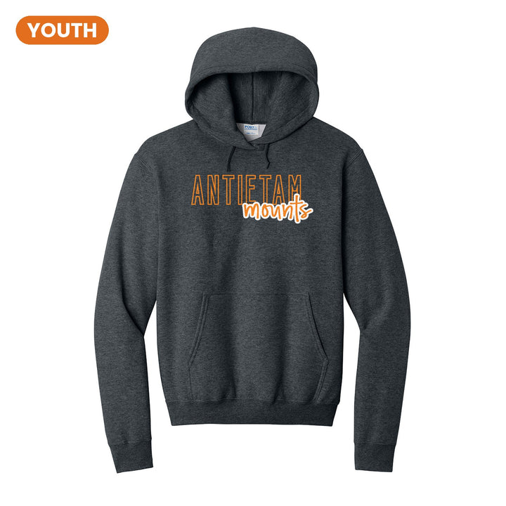 Antietam Mountaineers Outline Script youth hoodie in Dark Heather Grey: outlined ANTIETAM letters with mounts script across the front