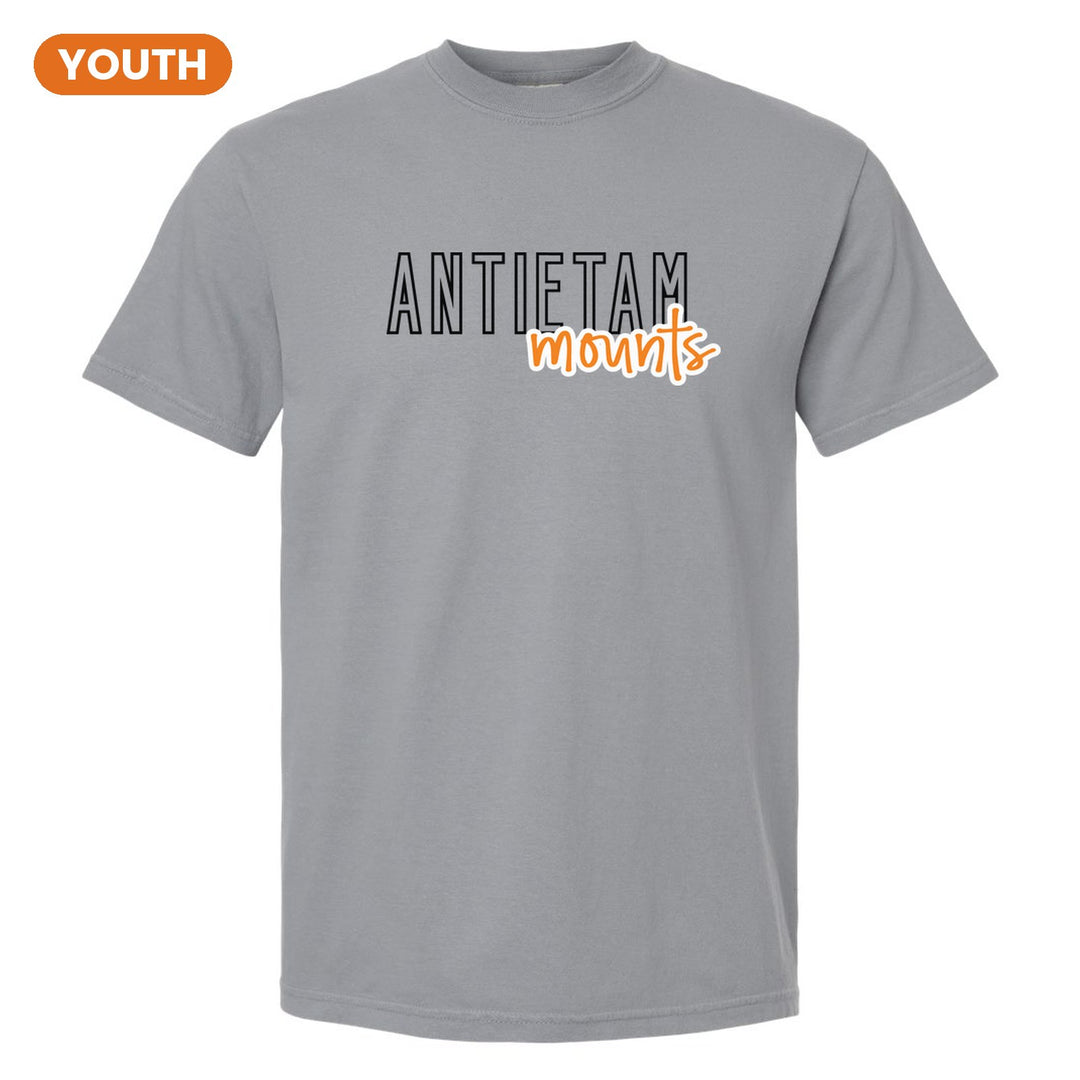 Antietam Mountaineers Outline Script youth comfort colors t-shirt in Granite: outlined ANTIETAM letters with mounts script across the front