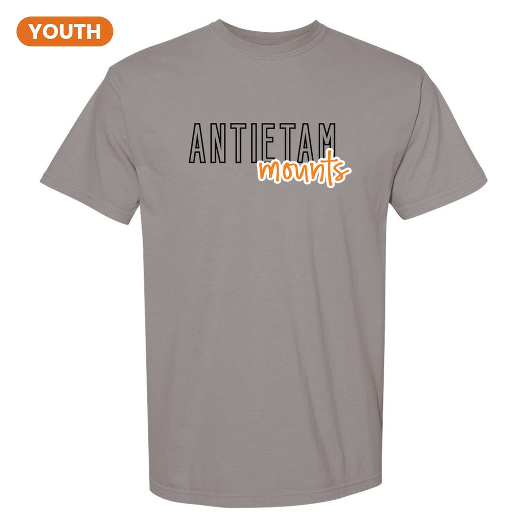 Antietam Mountaineers Outline Script youth comfort colors t-shirt in Grey: outlined ANTIETAM letters with mounts script across the front
