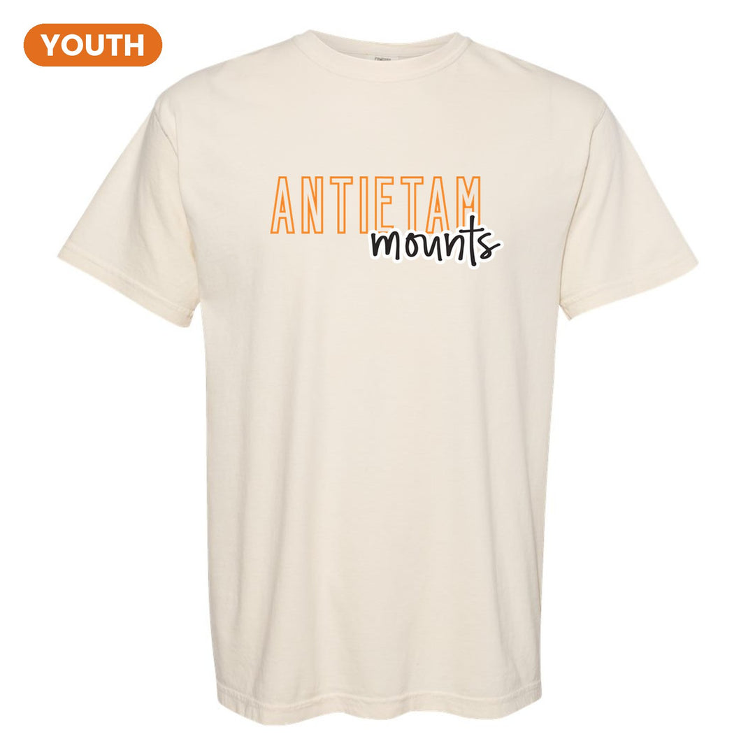 Antietam Mountaineers Outline Script youth comfort colors t-shirt in Ivory: outlined ANTIETAM letters with mounts script across the front