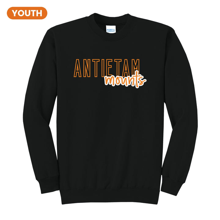 Antietam Mountaineers Outline Script youth crewneck sweatshirt in Jet Black: outlined ANTIETAM letters with mounts script across the front