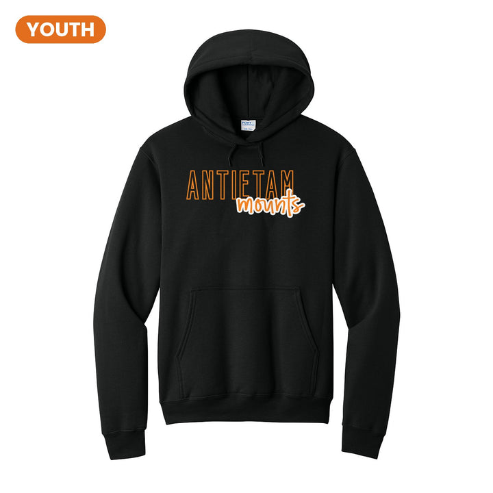 Antietam Mountaineers Outline Script youth hoodie in Jet Black: outlined ANTIETAM letters with mounts script across the front