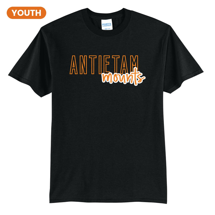 Antietam Mountaineers Outline Script youth t-shirt in Jet Black: outlined ANTIETAM letters with mounts script across the front