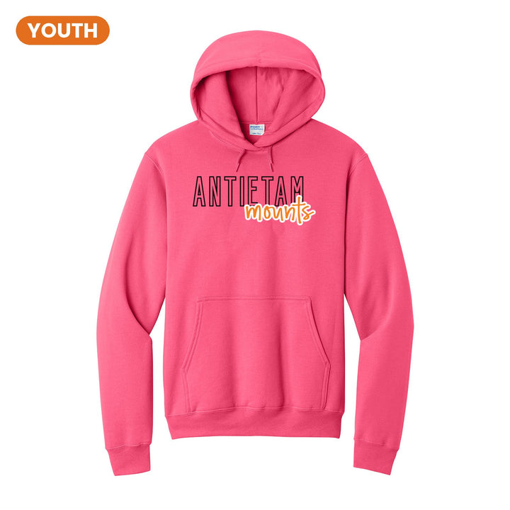 Antietam Mountaineers Outline Script youth hoodie in Neon Pink: outlined ANTIETAM letters with mounts script across the front