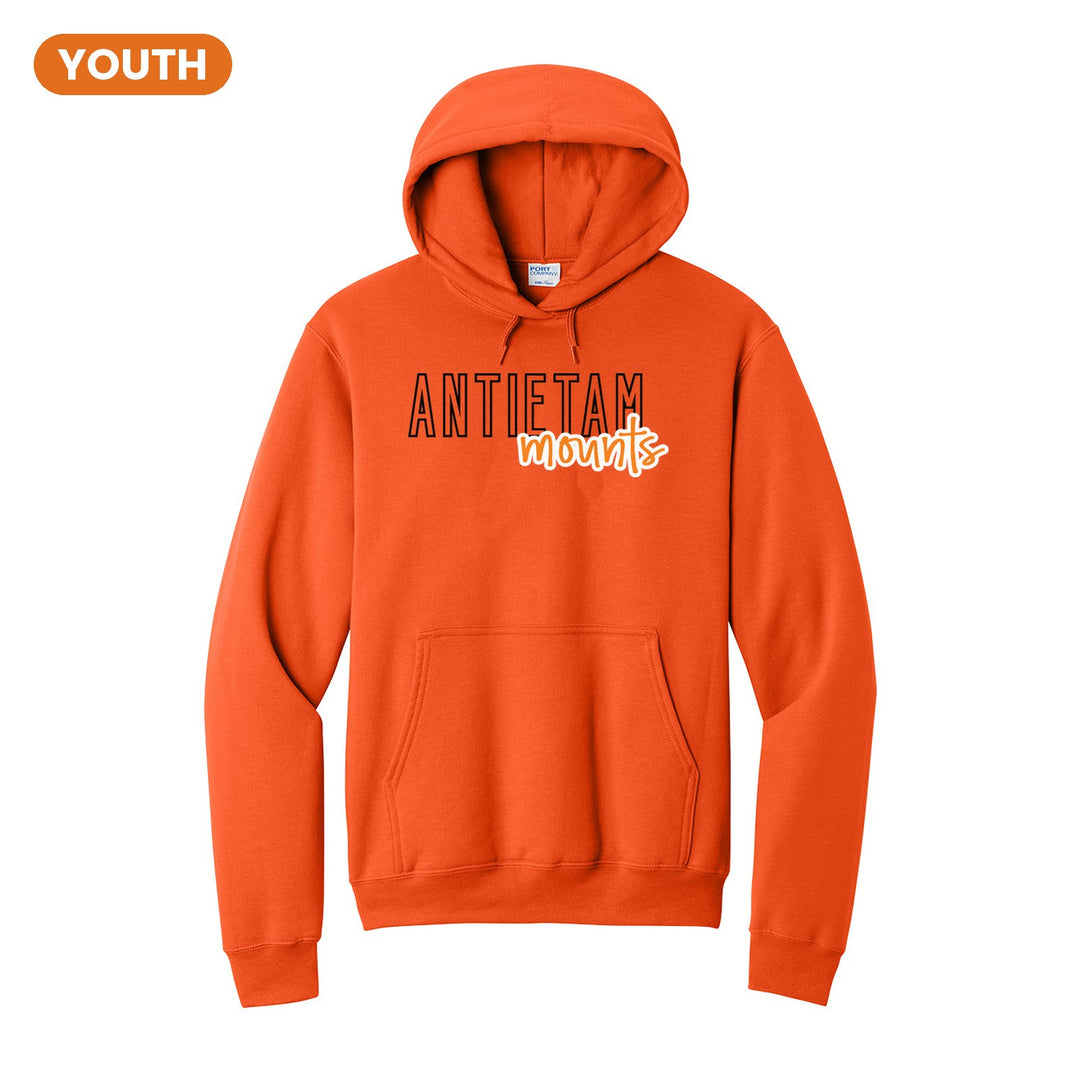 Antietam Mountaineers Outline Script youth hoodie in Orange: outlined ANTIETAM letters with mounts script across the front