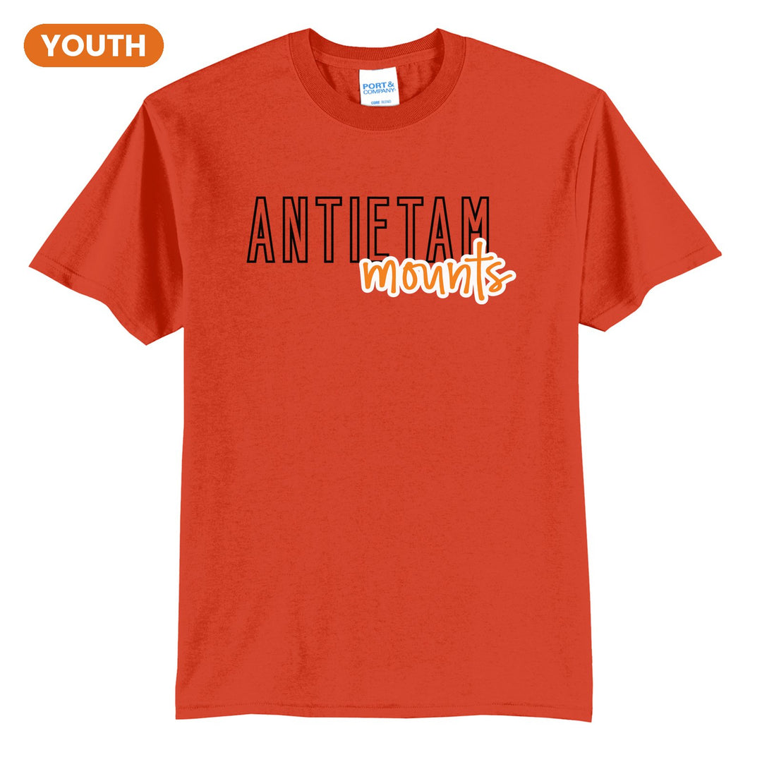 Antietam Mountaineers Outline Script youth t-shirt in Orange: outlined ANTIETAM letters with mounts script across the front