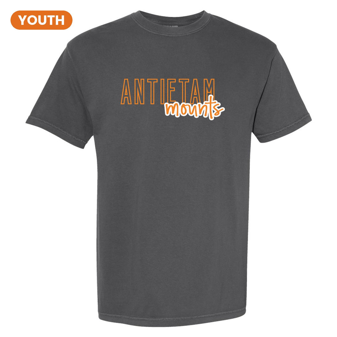 Antietam Mountaineers Outline Script youth comfort colors t-shirt in Pepper: outlined ANTIETAM letters with mounts script across the front
