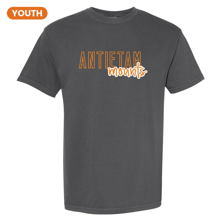 Antietam Mountaineers Outline Script youth comfort colors t-shirt in Pepper: outlined ANTIETAM letters with mounts script across the front