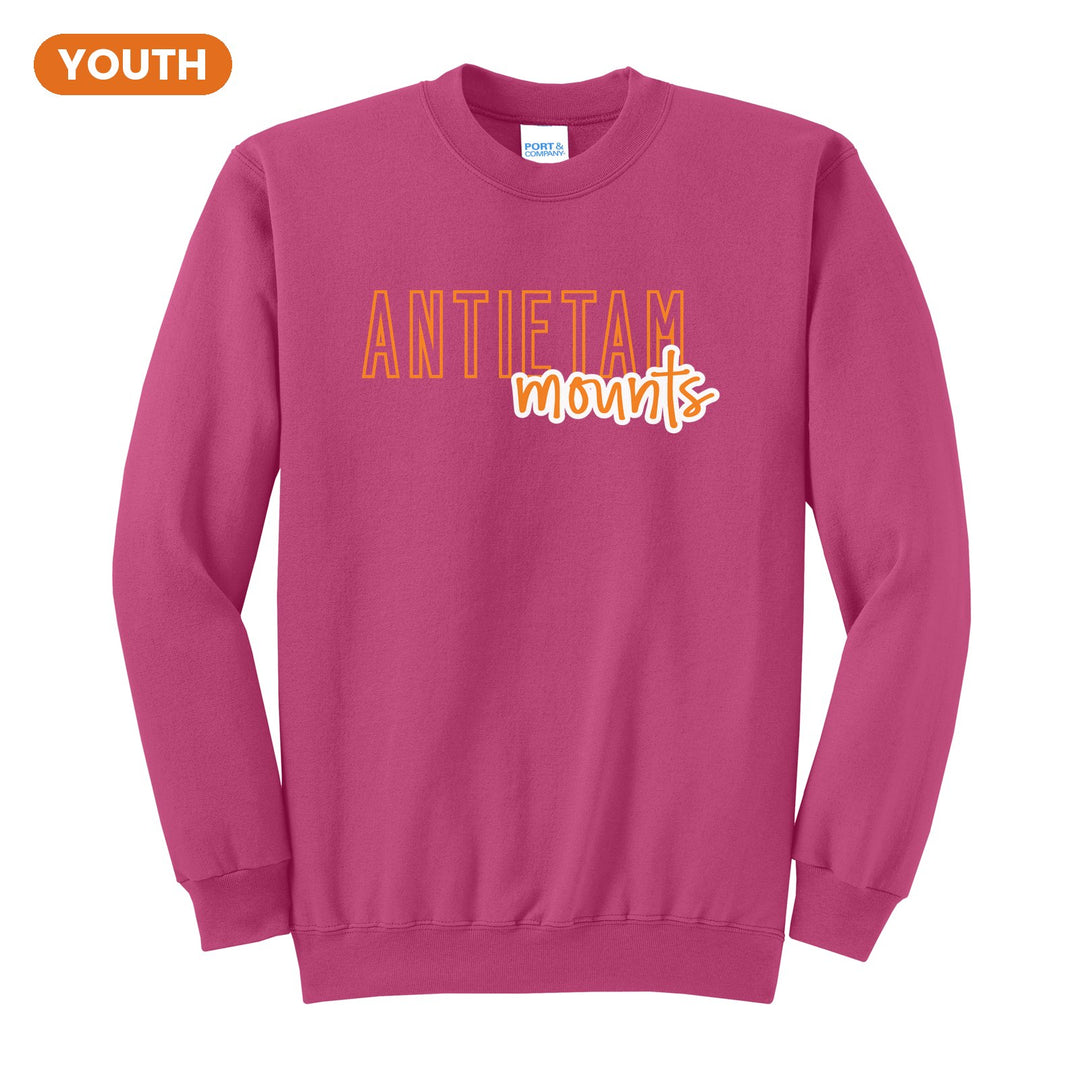 Antietam Mountaineers Outline Script youth crewneck sweatshirt in Sangria: outlined ANTIETAM letters with mounts script across the front