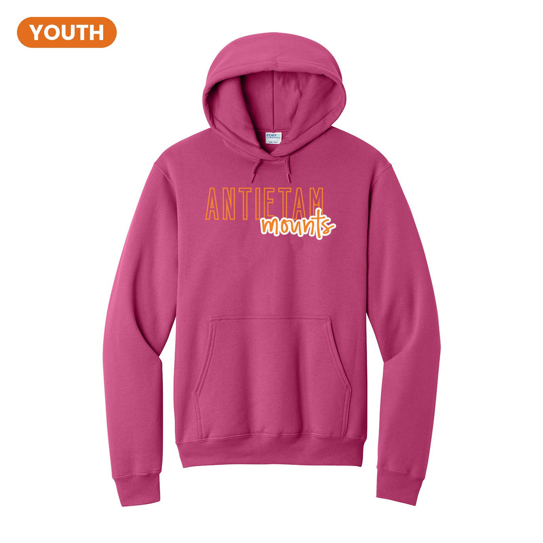 Antietam Mountaineers Outline Script youth hoodie in Sangria: outlined ANTIETAM letters with mounts script across the front