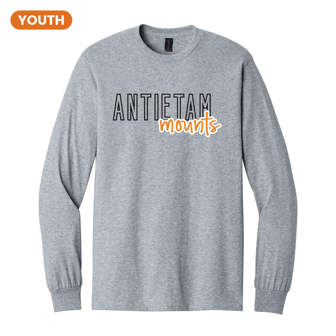 Antietam Mountaineers Outline Script youth long sleeve t-shirt in Sport Grey: outlined ANTIETAM letters with mounts script across the front