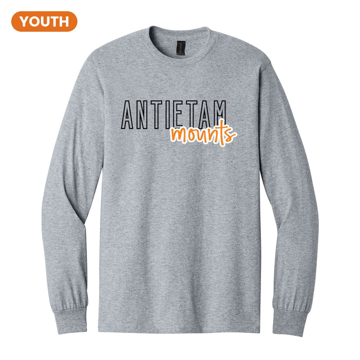 Antietam Mountaineers Outline Script youth long sleeve t-shirt in Sport Grey: outlined ANTIETAM letters with mounts script across the front