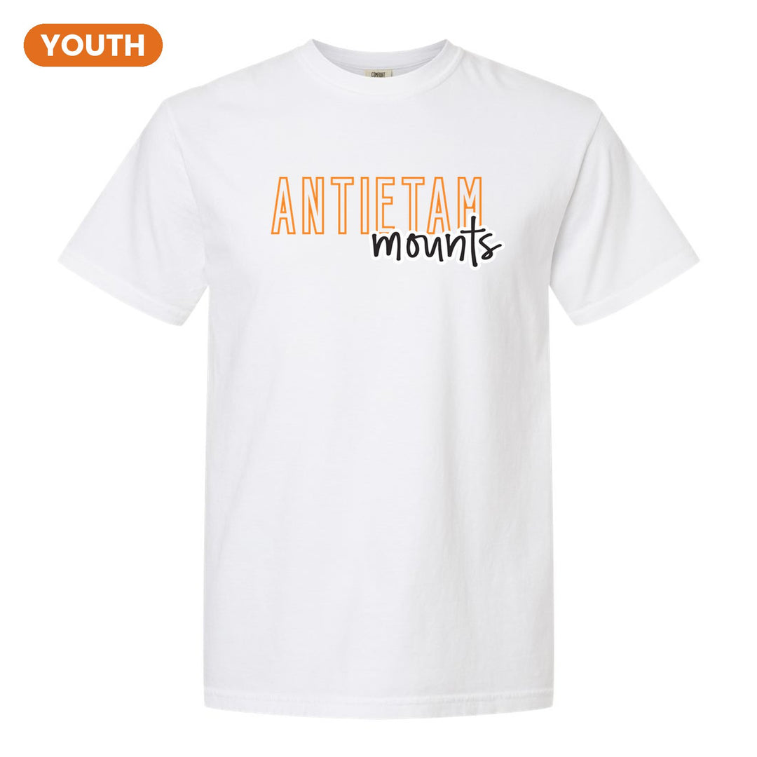 Antietam Mountaineers Outline Script youth comfort colors t-shirt in White: outlined ANTIETAM letters with mounts script across the front
