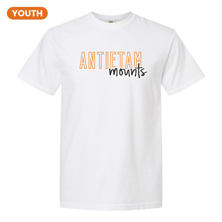 Antietam Mountaineers Outline Script youth comfort colors t-shirt in White: outlined ANTIETAM letters with mounts script across the front