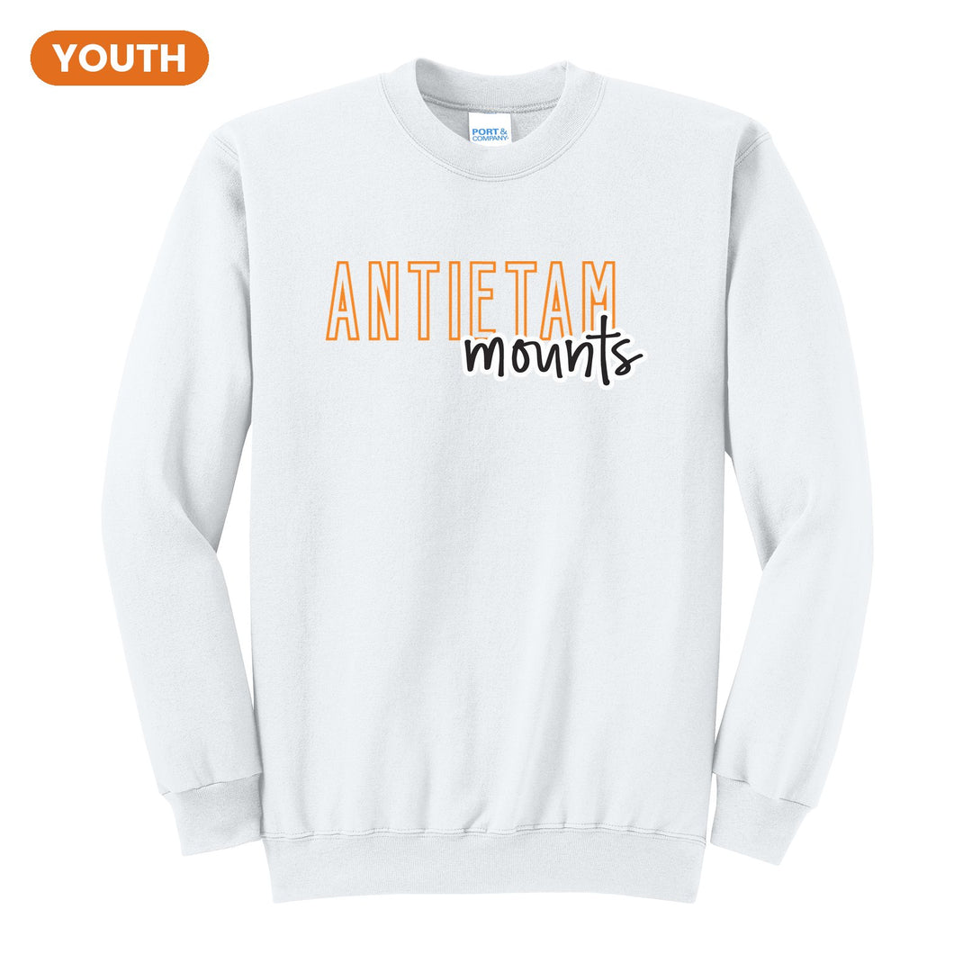 Antietam Mountaineers Outline Script youth crewneck sweatshirt in White: outlined ANTIETAM letters with mounts script across the front