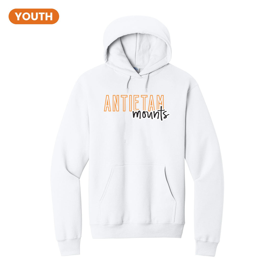 Antietam Mountaineers Outline Script youth hoodie in White: outlined ANTIETAM letters with mounts script across the front
