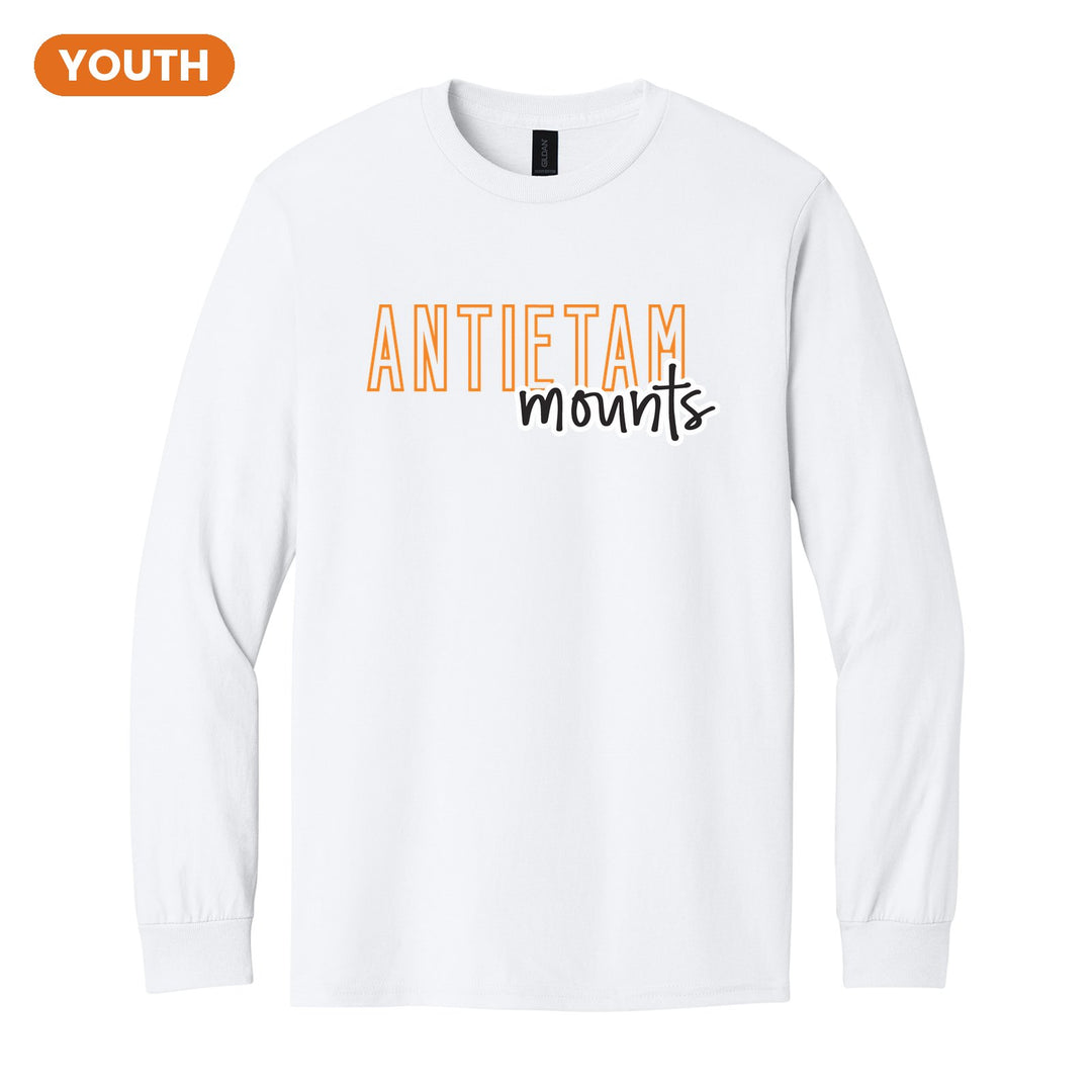 Antietam Mountaineers Outline Script youth long sleeve t-shirt in White: outlined ANTIETAM letters with mounts script across the front