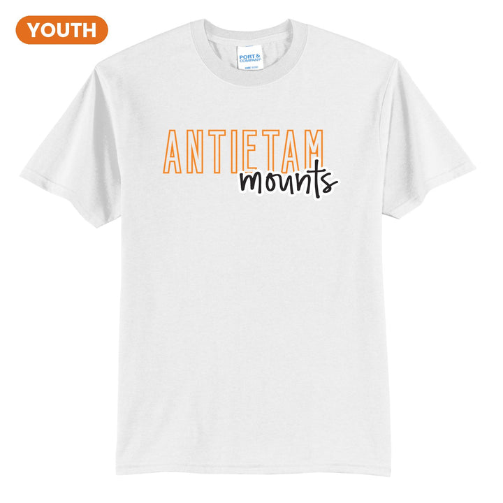 Antietam Mountaineers Outline Script youth t-shirt in White: outlined ANTIETAM letters with mounts script across the front