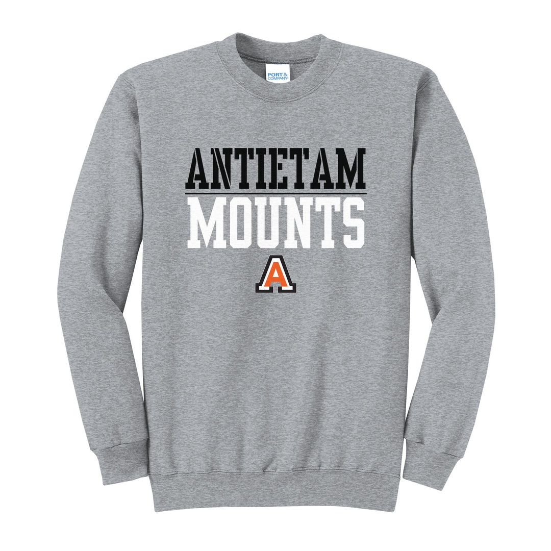Antietam Mountaineers Split Block crewneck sweatshirt in Athletic Heather: ANTIETAM over a thin rule, big MOUNTS block letters and the Antietam A