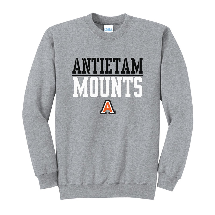 Antietam Mountaineers Split Block crewneck sweatshirt in Athletic Heather: ANTIETAM over a thin rule, big MOUNTS block letters and the Antietam A
