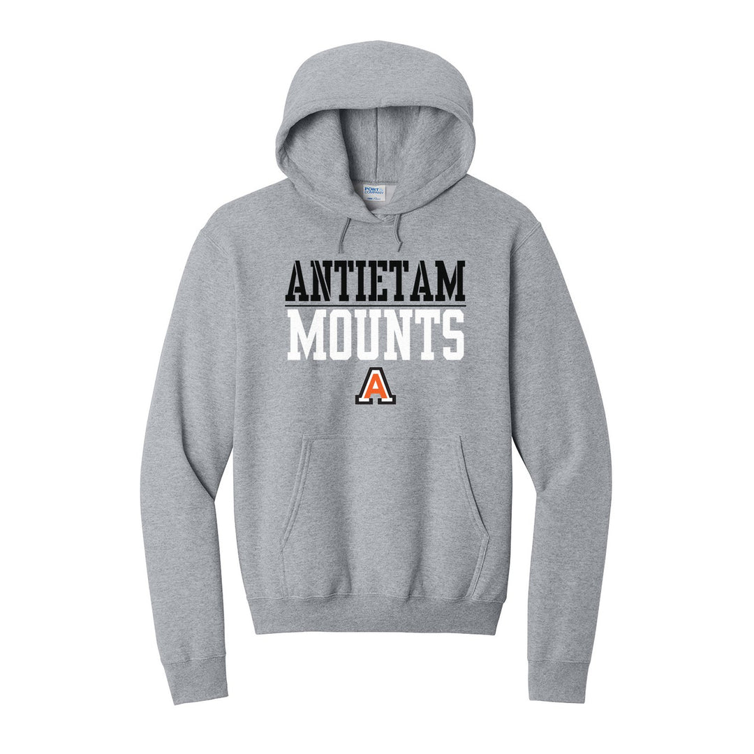 Antietam Mountaineers Split Block hoodie in Athletic Heather: ANTIETAM over a thin rule, big MOUNTS block letters and the Antietam A