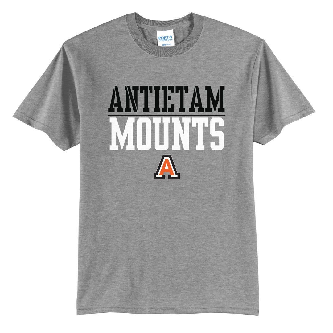 Antietam Mountaineers Split Block t-shirt in Athletic Heather: ANTIETAM over a thin rule, big MOUNTS block letters and the Antietam A