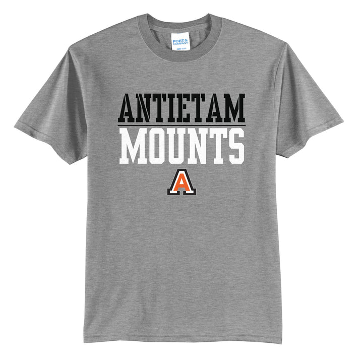 Antietam Mountaineers Split Block t-shirt in Athletic Heather: ANTIETAM over a thin rule, big MOUNTS block letters and the Antietam A