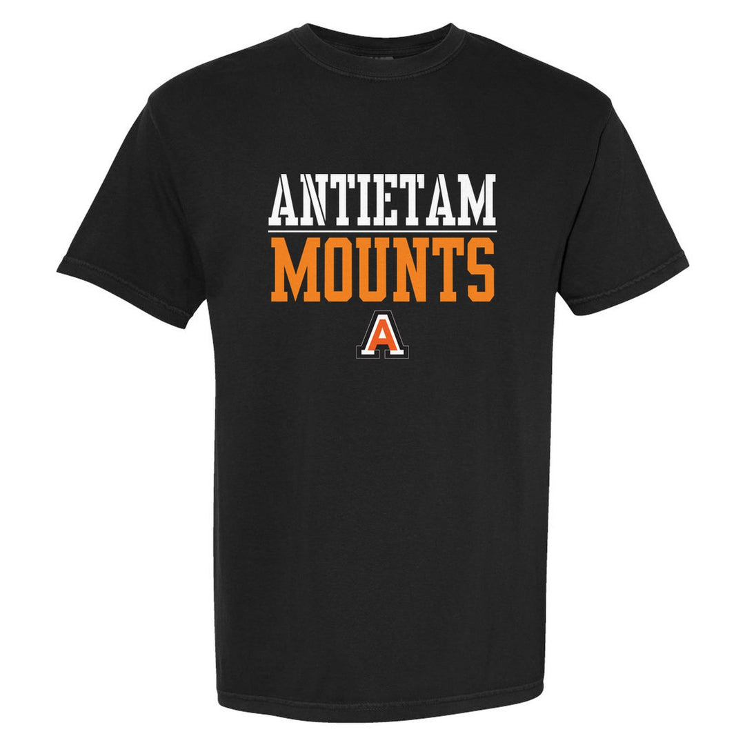 Antietam Mountaineers Split Block comfort colors t-shirt in Black: ANTIETAM over a thin rule, big MOUNTS block letters and the Antietam A