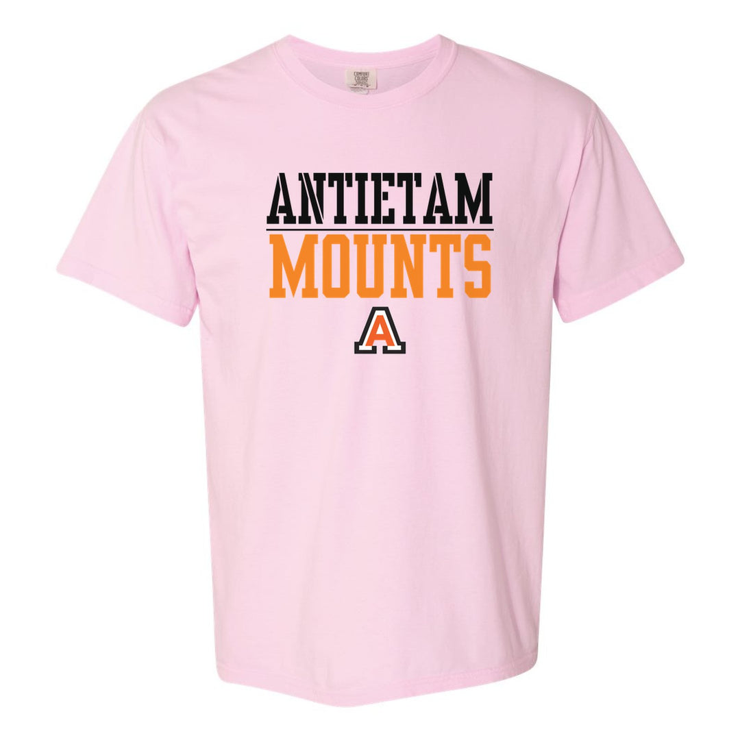 Antietam Mountaineers Split Block comfort colors t-shirt in Blossom: ANTIETAM over a thin rule, big MOUNTS block letters and the Antietam A