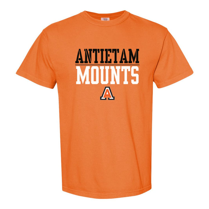 Antietam Mountaineers Split Block comfort colors t-shirt in Burnt Orange: ANTIETAM over a thin rule, big MOUNTS block letters and the Antietam A