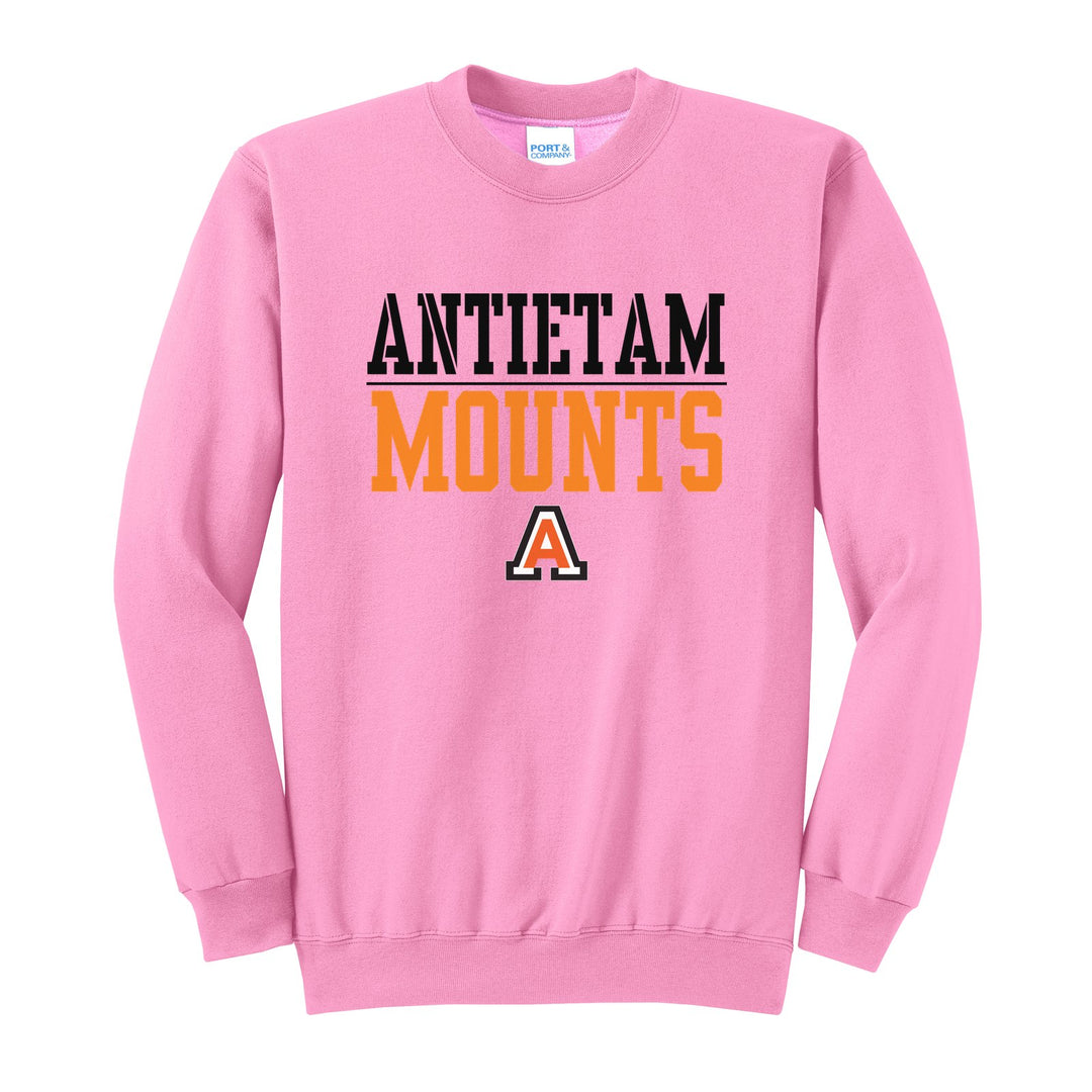 Antietam Mountaineers Split Block crewneck sweatshirt in Candy Pink: ANTIETAM over a thin rule, big MOUNTS block letters and the Antietam A