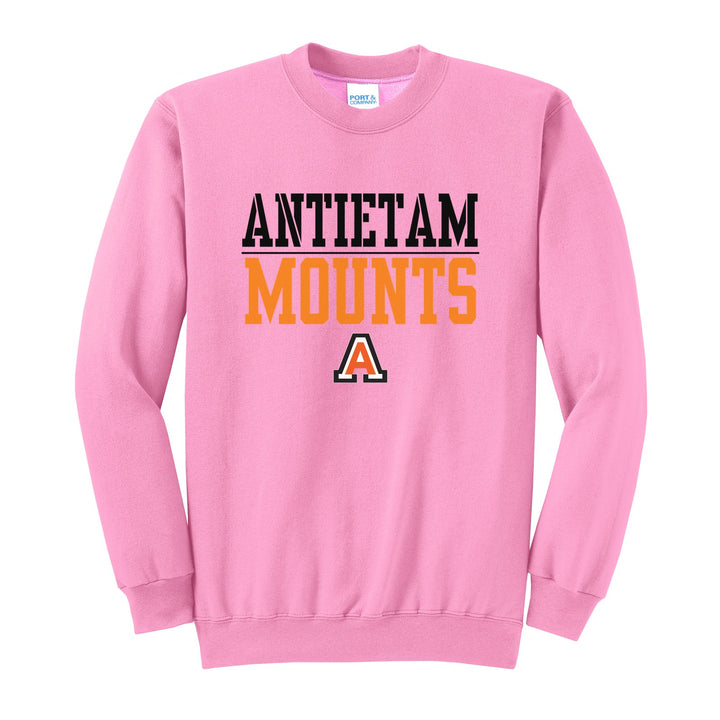Antietam Mountaineers Split Block crewneck sweatshirt in Candy Pink: ANTIETAM over a thin rule, big MOUNTS block letters and the Antietam A