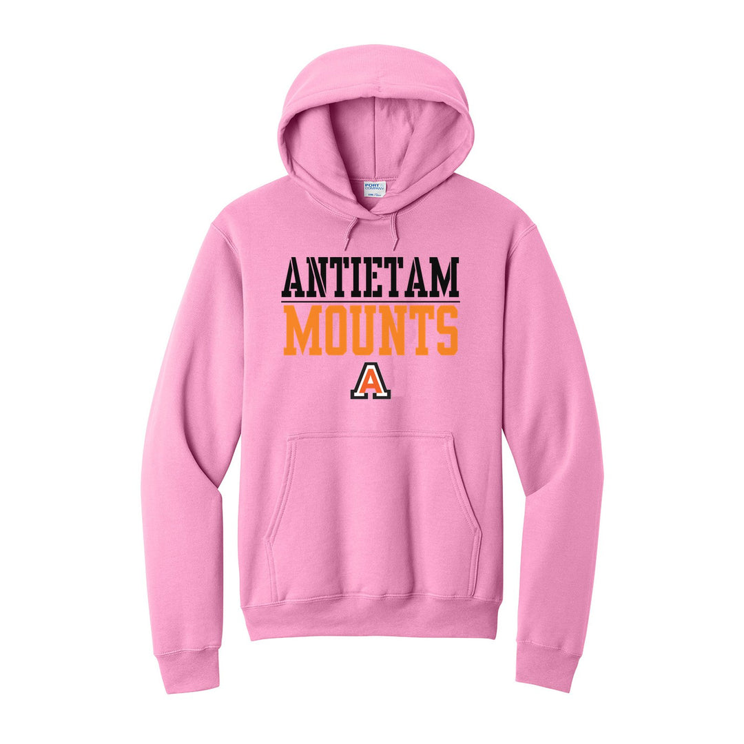 Antietam Mountaineers Split Block hoodie in Candy Pink: ANTIETAM over a thin rule, big MOUNTS block letters and the Antietam A