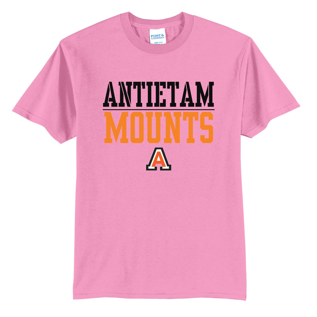 Antietam Mountaineers Split Block t-shirt in Candy Pink: ANTIETAM over a thin rule, big MOUNTS block letters and the Antietam A