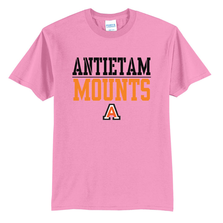 Antietam Mountaineers Split Block t-shirt in Candy Pink: ANTIETAM over a thin rule, big MOUNTS block letters and the Antietam A