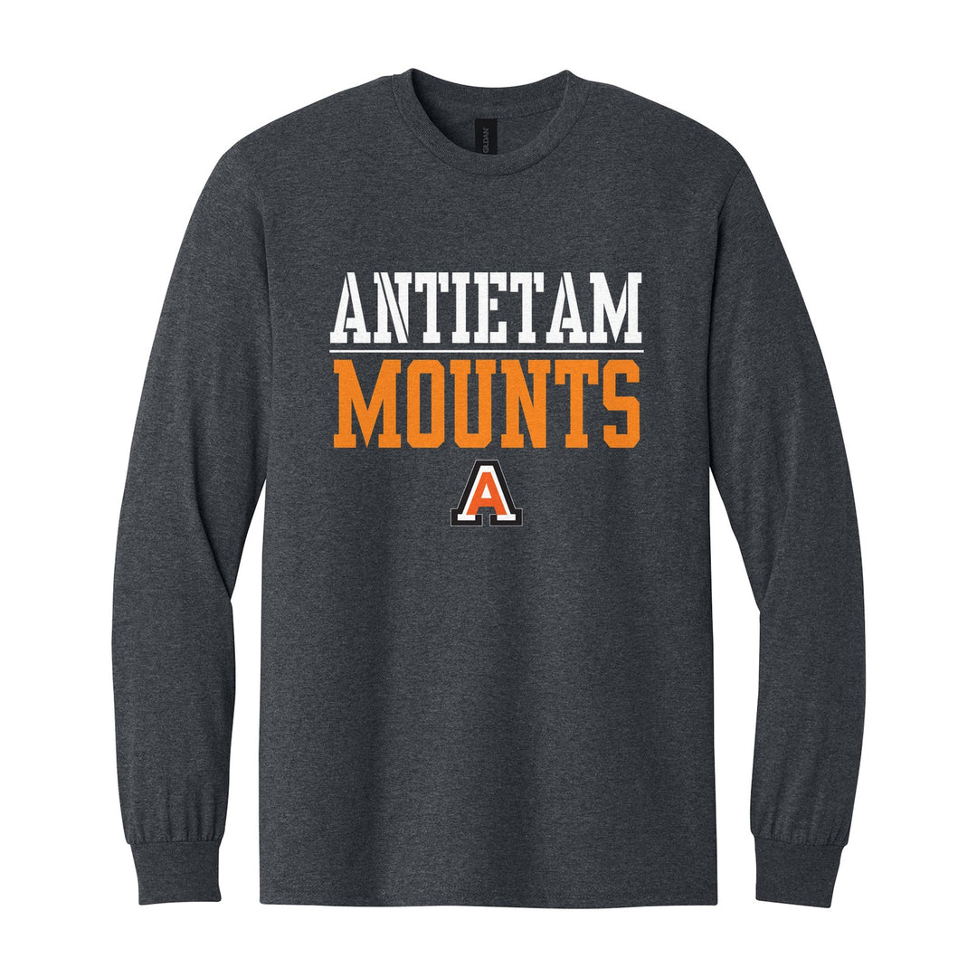Antietam Mountaineers Split Block long sleeve t-shirt in Dark Heather: ANTIETAM over a thin rule, big MOUNTS block letters and the Antietam A