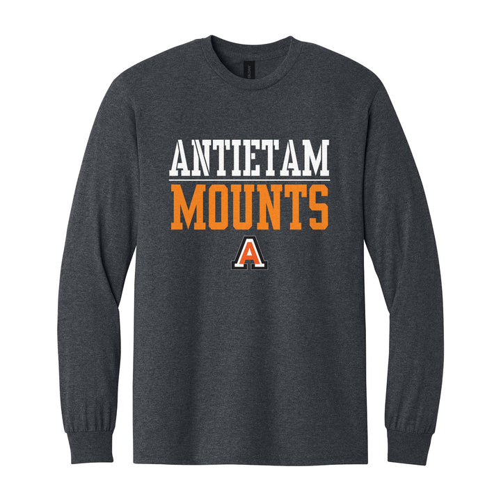 Antietam Mountaineers Split Block long sleeve t-shirt in Dark Heather: ANTIETAM over a thin rule, big MOUNTS block letters and the Antietam A