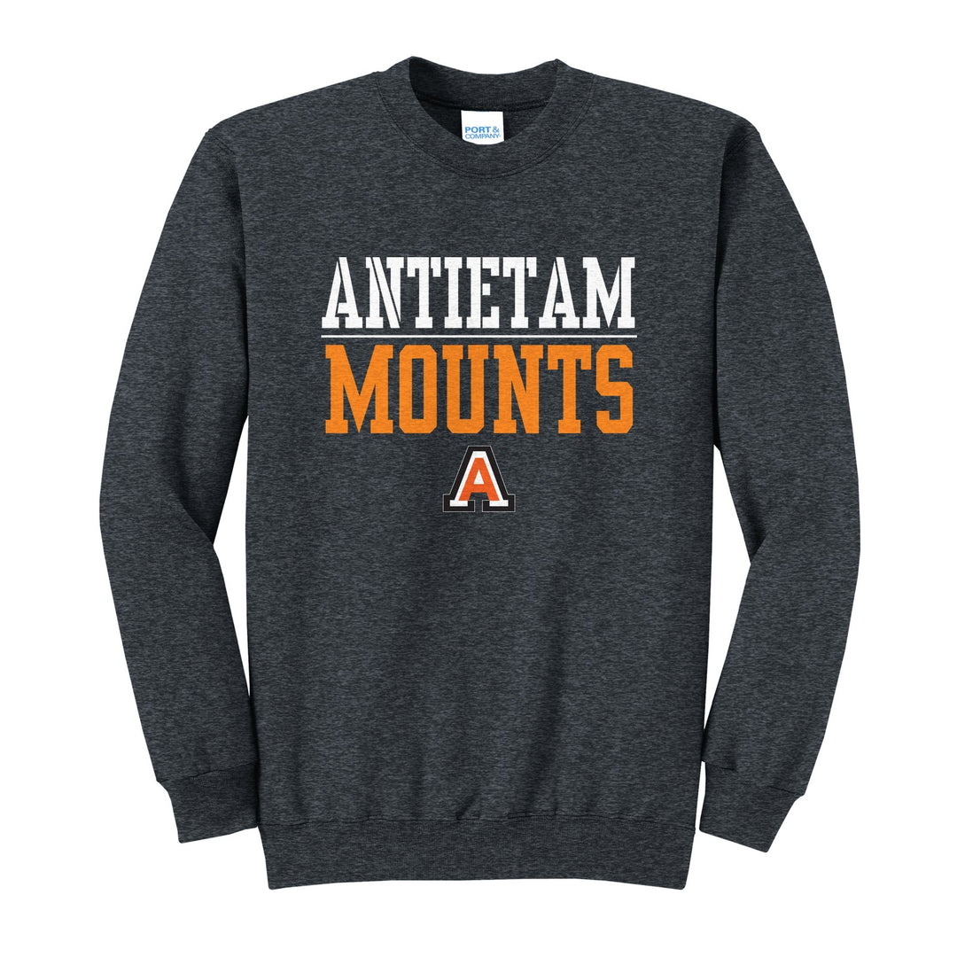 Antietam Mountaineers Split Block crewneck sweatshirt in Dark Heather Grey: ANTIETAM over a thin rule, big MOUNTS block letters and the Antietam A