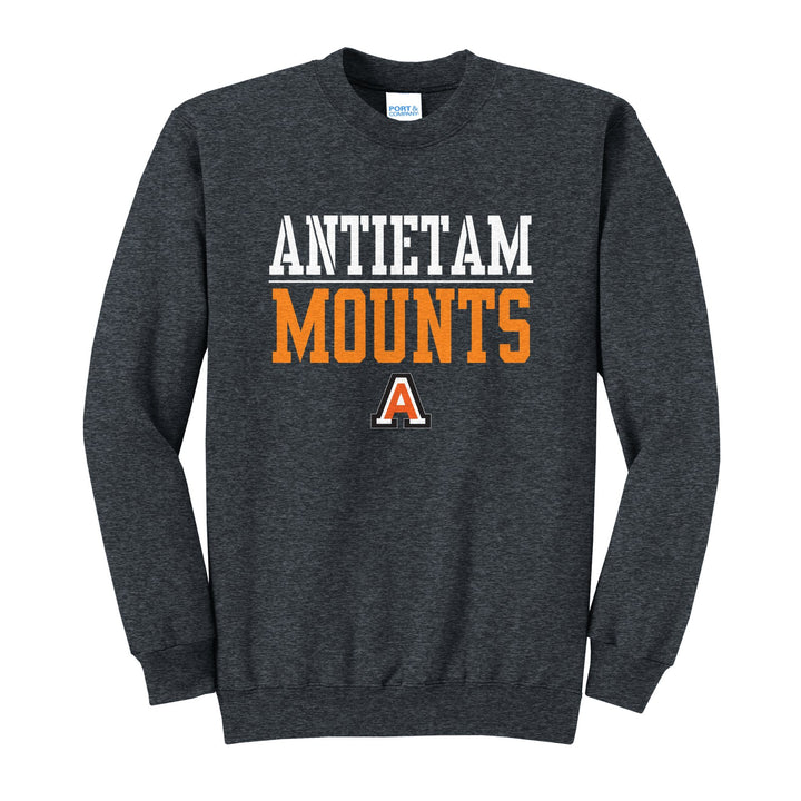 Antietam Mountaineers Split Block crewneck sweatshirt in Dark Heather Grey: ANTIETAM over a thin rule, big MOUNTS block letters and the Antietam A