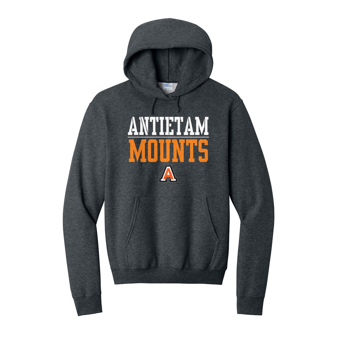 Antietam Mountaineers Split Block hoodie in Dark Heather Grey: ANTIETAM over a thin rule, big MOUNTS block letters and the Antietam A