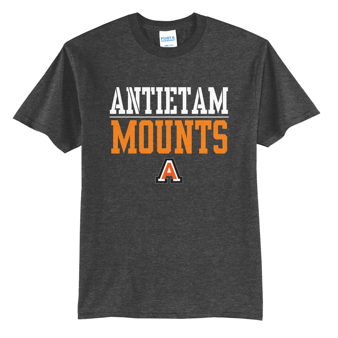 Antietam Mountaineers Split Block t-shirt in Dark Heather Grey: ANTIETAM over a thin rule, big MOUNTS block letters and the Antietam A