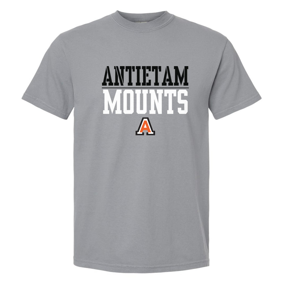 Antietam Mountaineers Split Block comfort colors t-shirt in Granite: ANTIETAM over a thin rule, big MOUNTS block letters and the Antietam A
