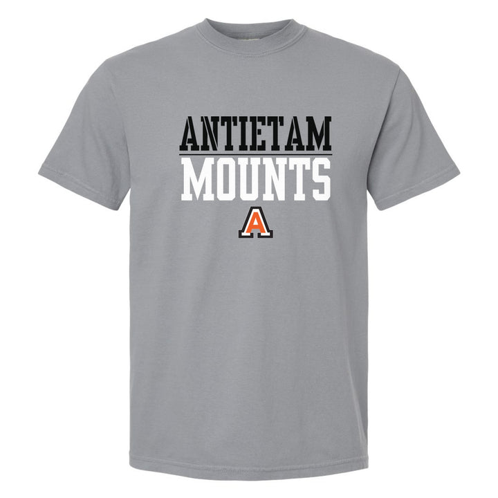Antietam Mountaineers Split Block comfort colors t-shirt in Granite: ANTIETAM over a thin rule, big MOUNTS block letters and the Antietam A