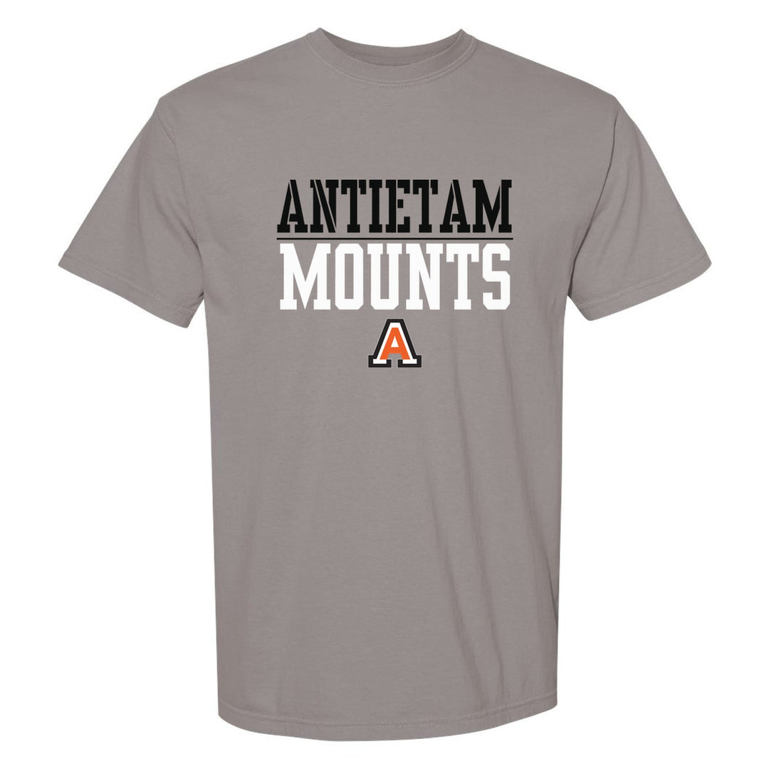 Antietam Mountaineers Split Block comfort colors t-shirt in Grey: ANTIETAM over a thin rule, big MOUNTS block letters and the Antietam A